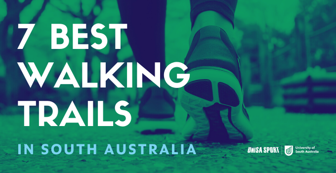 close up image of a person's feet walking in sandshoes, with overlayed text "7 best walking trails in South Australia"