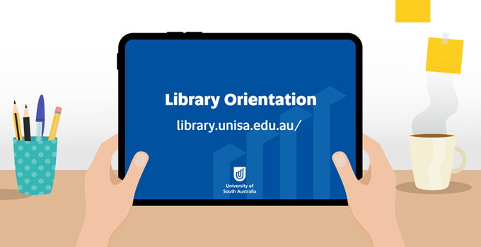 Graphic of person holding iPad with UniSA Library URL on the screen