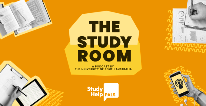 Bright orange graphic of Study Help PALS podcast branding, with cut out images of study tools and materials.