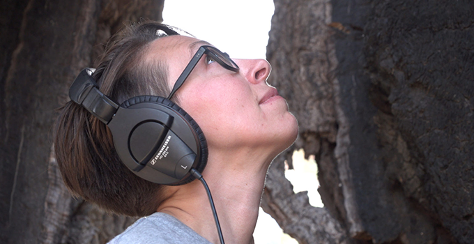 image of person outdoors, looking up at a tree while listening to headphones