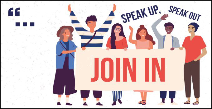 Illustrated graphic of students holding a banner with "JOIN IN" on it.