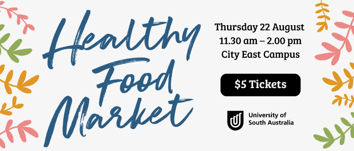 Healthy Food Market logo University of South Australia logo multicoloured leaves