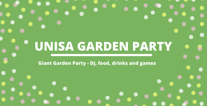 UniSA Garden Party graphic - DJ, food, drinks and games.