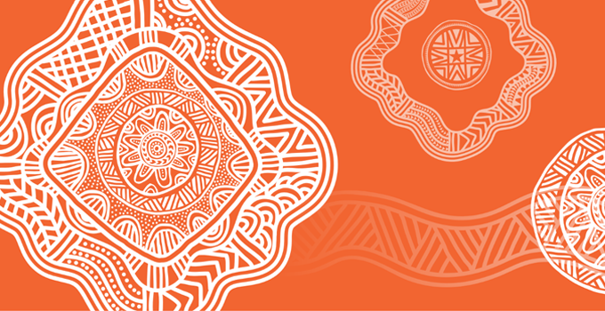 White single colour Aboriginal art against orange background