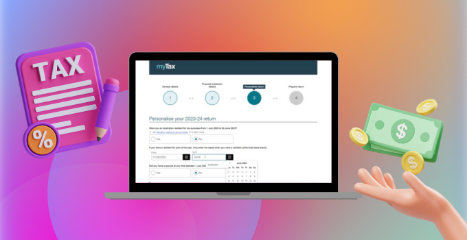 Laptop displaying the MyGov interface on step three of the tax return lodging process. The laptop is surrounded by tax-related graphics including cash, coins, a list with a pencil, and a percentage symbol.
