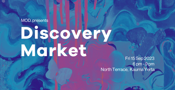 Discovery Market date, time, location along with an abstract art image