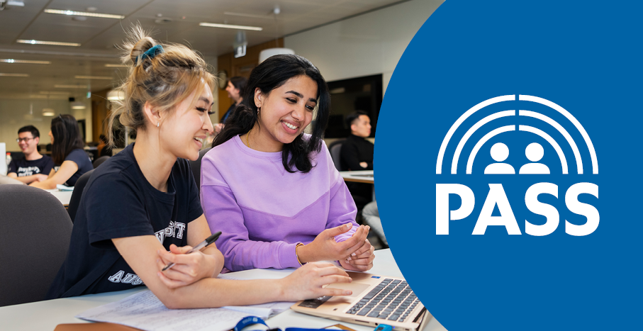 Female student and female PASS leader studying on a laptop during a PASS session. On the right of the banner is a the PASS logo against a blue circular background.