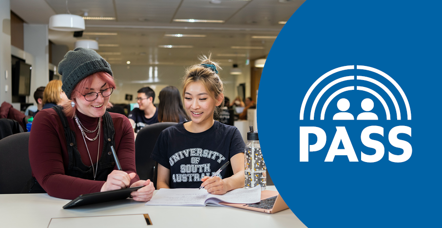 PASS branded banner featuring image of two female students in PASS session.