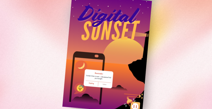 Image of the winning poster "Digital sunset" on a textured pink gradient background