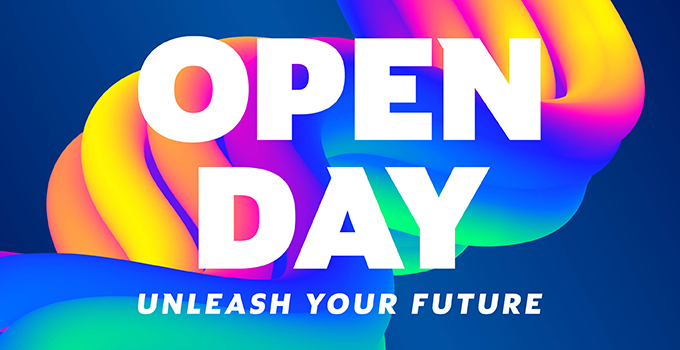 Multi-coloured gradient banner promoting 'Open Day' in a large font size