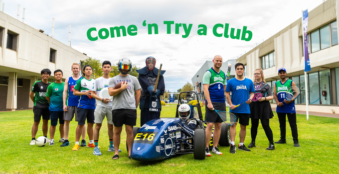 A group of students from various sports clubs standing together at Mawson Lakes campus. 
Come 'n Try a Club