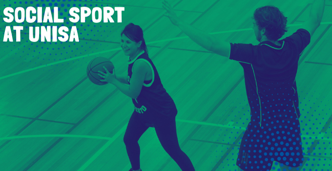 Image banner with green and blue duotone colour scheme of male and female student playing basketball.