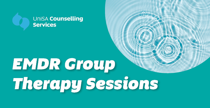 UniSA Counselling Services branded graphic promoting "EMDR Group Therapy Sessions." A photo of clear water ripples in a circular frame is cropped in the top right corner.