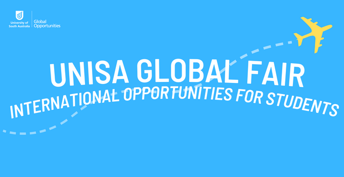 Blue background banner with simple yellow plane graphic and the text UniSA Global Fair: International Opportunities for Students