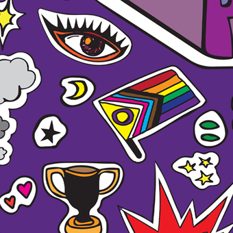 Cartoon illustrations of a pride flag, trophy, eye, hearts and stars on a purple background.