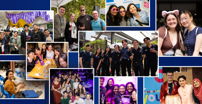 Collage of of nine group photos of UniSA students against a dark blue background. Photos are overlapping and each one has a thick white border