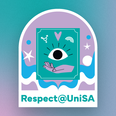 Respect@UniSA - graphic illustration in teal, blue and violet colours.