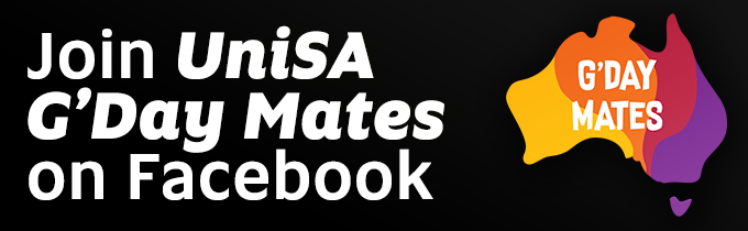 Promotional banner for UniSA G'Day Mates Facebook group