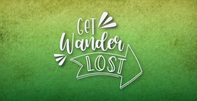 Green textured banner with illustrated  "Get Wanderlost" logo.