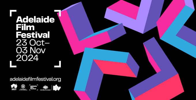 Event promotion graphic with pink and purple geometric shapes over a black background. Text reads: 'Adelaide Film Festival. 23 Oct - 03 Nov 2024. adelaidefilmfestival.org'