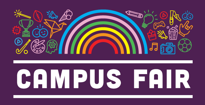 Campus Fair 
Illustrations of rainbow and icons representing various interests such as painting, photography, music, sport