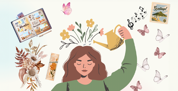 Illustrated image of a female pouring a watering can on her hair, with flowers growing on top, surrounded by illustrations of books, music, mail stamp, butterflies, and flowers