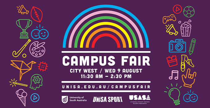 Minimalist 'Campus Fair' rainbow logo with secondary sport and hobby icons