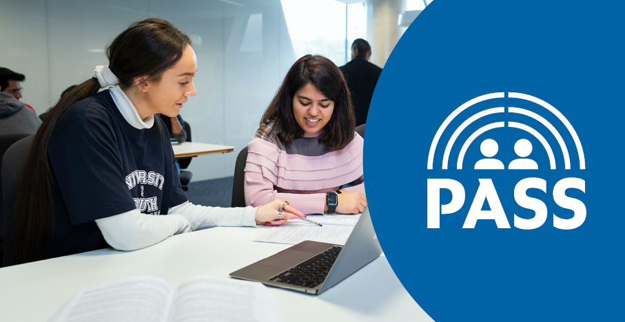 PASS branded banner featuring image of female PASS tutor helping a student during a PASS session.