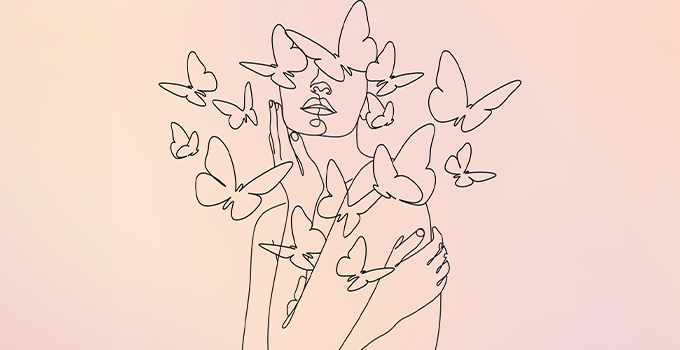 A pencil-drawn style illustration of a person hugging themselves with butterflies around them, on a cream and pink gradient background