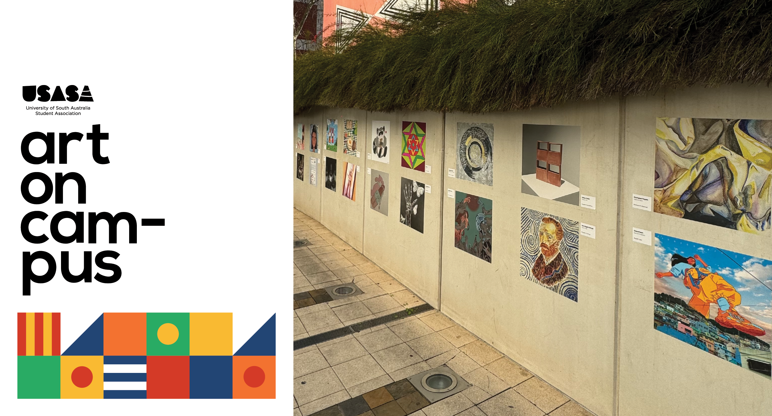 USASA Art on Campus, with an image of student artworks on an outdoor wall at City West campus