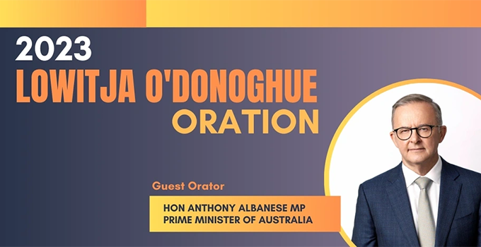 Lowitja O’Donoghue Oration banner featuring image of Prime Minister Anthony Albanese 