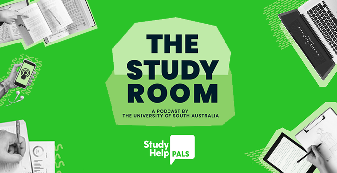 Green study room podcast branded banner with images of study materials