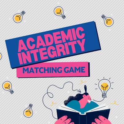 Academic integrity matching game image. With pink and blue primary colour palette and hand drawn graphics.