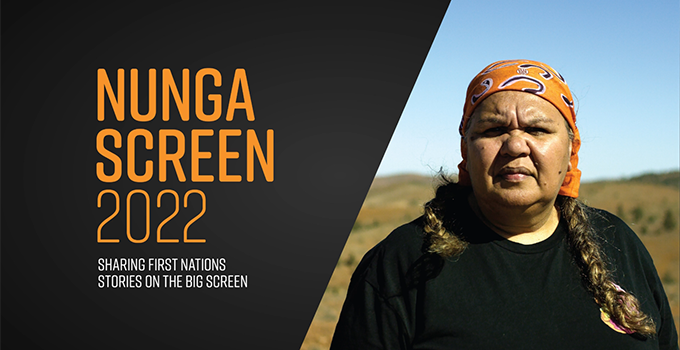 Nunga Screen 2022 branded banner, with photo of Aunty Lavene from the film New Visions of Country.