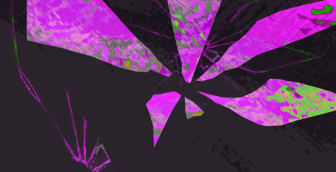 Branding of the BROKEN exhibition - black background with purple rays resembling a flower