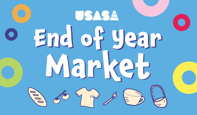 USASA end of year market
Light blue background with colourful circles and illustrations of a bread, tomato, t-shirt, paintbrush, mug and bag