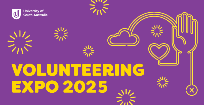 Purple background with yellow illustrations of hand, rainbow, cloud and fireworks.
Volunteering Expo 2025