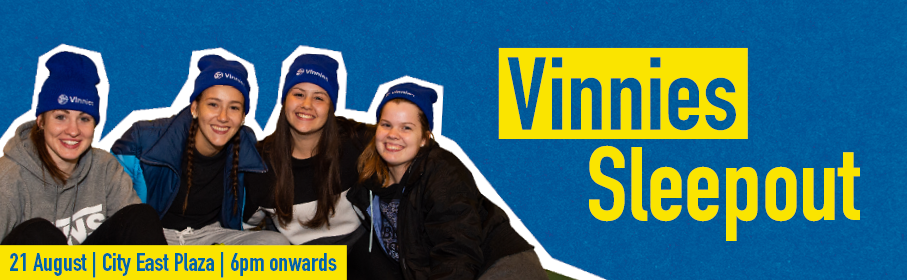 Vinnies Sleepout banner with photo of four student sleepout participants wearing Vinnies beanies.