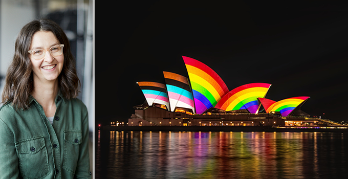 Collage image of Marie Schultz and World Pride Sydney Opera house display