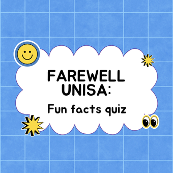 "Farewell UniSA: Fun facts quiz" on a cloud-shaped graphic along with a smiley and curious eyes emoji