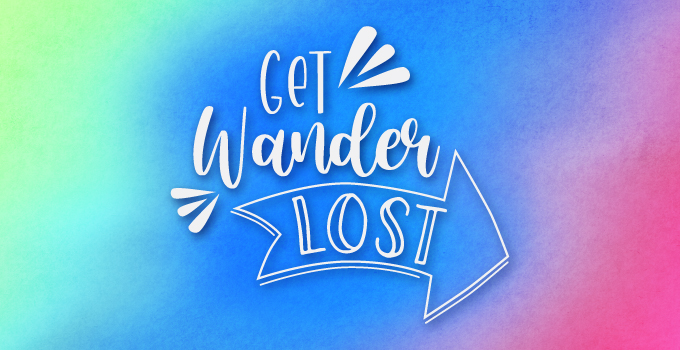 Get Wanderlost logo on a vibrant green-blue-pink trypich background