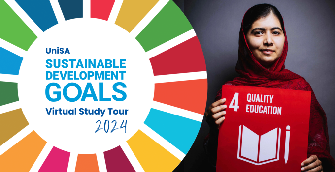 An image of a female student holding a board with the text 'Quality education'. 
UniSA Sustainable Development Goals Virtual Study Tour 2024.