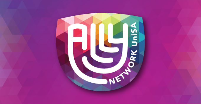 UniSA Ally Network logo with the word “ALLY” in bold white letters above a curved line design, placed on a geometric gradient background