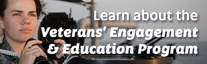 Advertisement banner promoting UniSA "Veterans Engagement & Education Program" (VEEP), featuring image of female Navy officer.