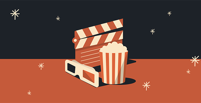 Clean illustrations of clapboard, 3D glasses and popcorn grouped together. All in a red, white color scheme, casting a black shadow.
