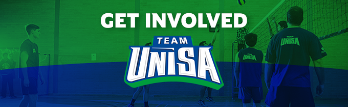 Get Involved in Team UniSA with a photo of students playing volleyball