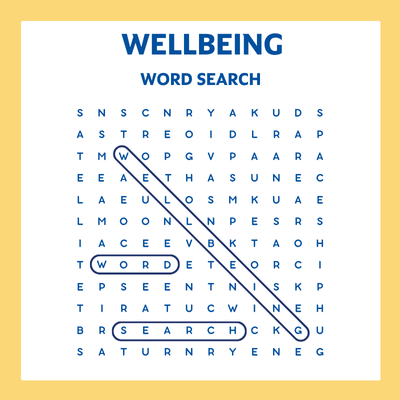"Wellbeing word search" with illustration of a word search matrix