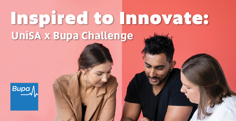 Three students working together. Inspired to Innovate: UniSA x Bupa Challenge. Bupa logo