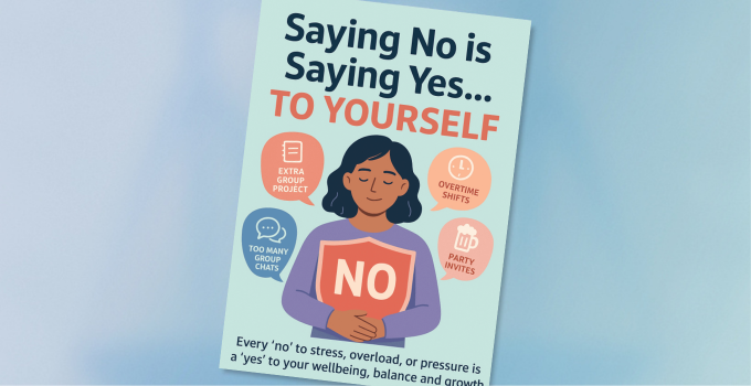 Image of the winning poster "Saying no is saying yes to yourself" on a gradient background