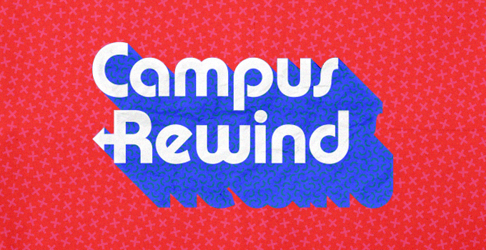 "Campus Rewind" in a retro styled typeface with a large blue solid shadow. The background is a vivid red with a faded abstract cross pattern and subtle paper texture.